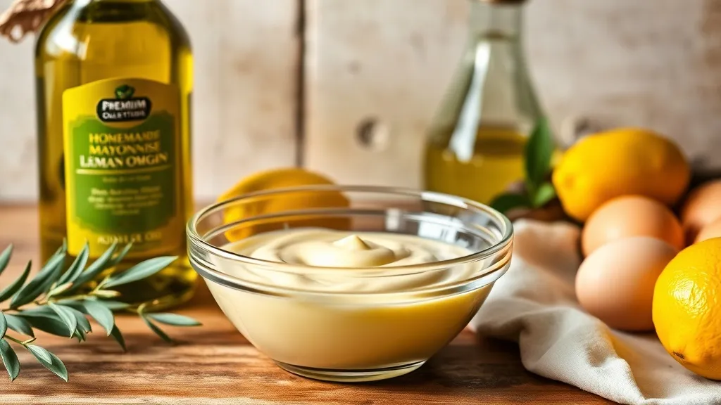 Crema di maionese fatta in casa con olio extravergine di oliva in una ciotola di vetro con ingredienti freschi